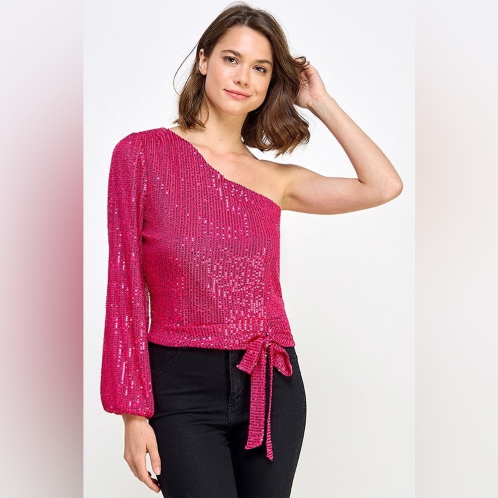 One-Shoulder Sequin Tie-Waist Blouse in Fuchsia